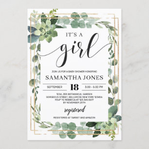 Greenery succulent boho it's a girl baby shower invitation