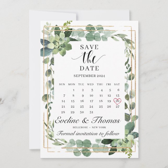 Greenery succulent floral gold geometric frame save the date (Front)
