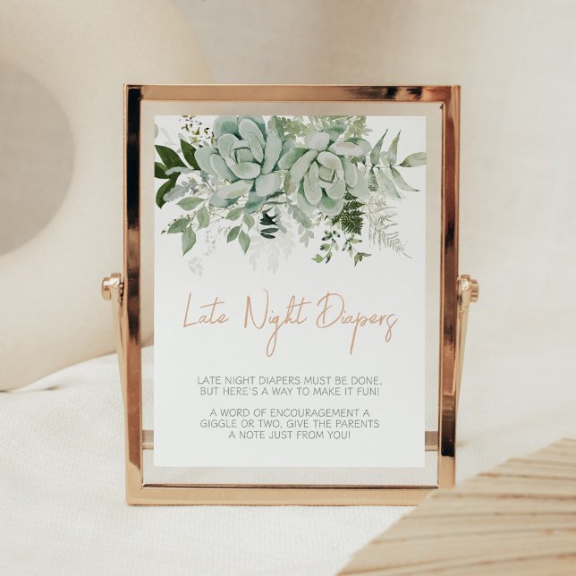 Greenery Succulents Baby Shower Late Night Diapers Poster (Succulent Gender Neutral Baby Shower Late Night Diapers Sign)