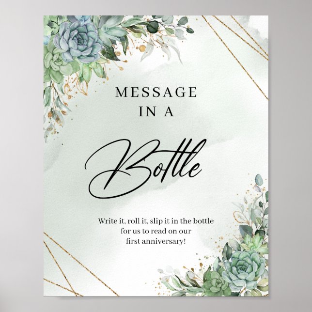 Greenery succulents gold Message in a Bottle Sign (Front)