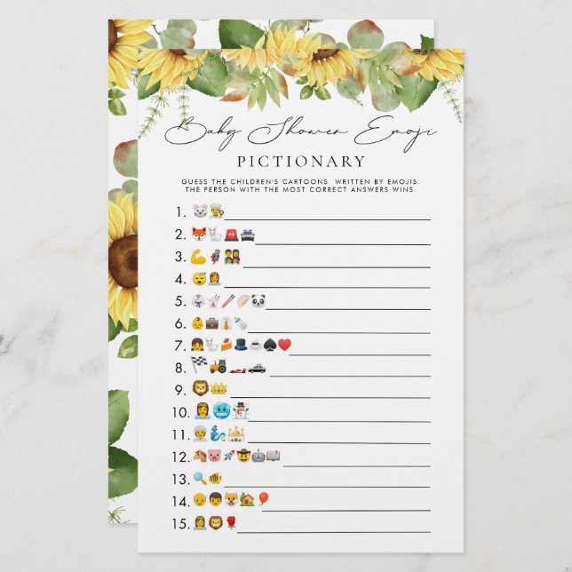 Greenery Sunflower Baby Shower Emoji Game  (Front/Back)
