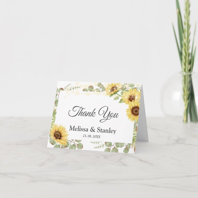 Greenery Sunflower Eucalyptus String Light Wedding Thank You Card (Front)