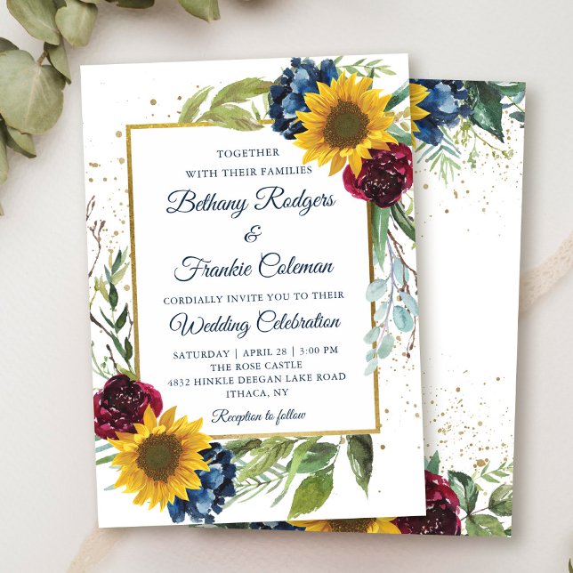 Greenery Sunflower Floral Gold Glitter Wedding Invitation (Creator Uploaded)