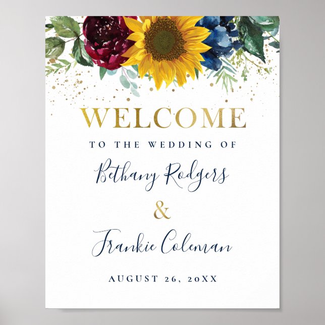 Greenery Sunflower Floral Gold Glitter Wedding Poster (Front)