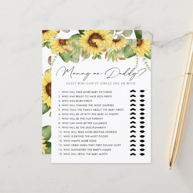 Greenery Sunflower Mummy or Daddy Baby Shower Game (Front/Back In Situ)