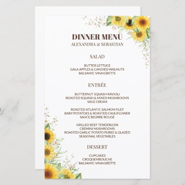 Greenery Sunflower Wedding Dinner Menu (Front/Back)