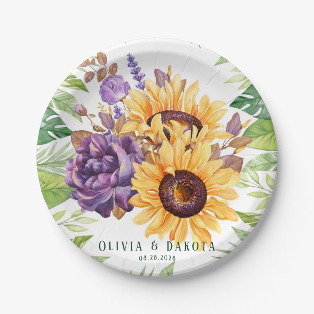 Greenery Sunflowers and Purple Floral Wedding Paper Plate (Front)