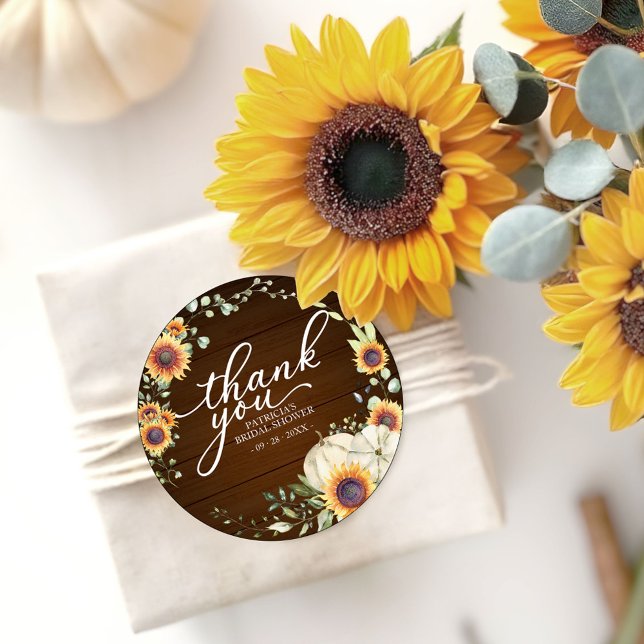 Greenery Sunflowers Fall Bridal Shower Favour Classic Round Sticker (Creator Uploaded)