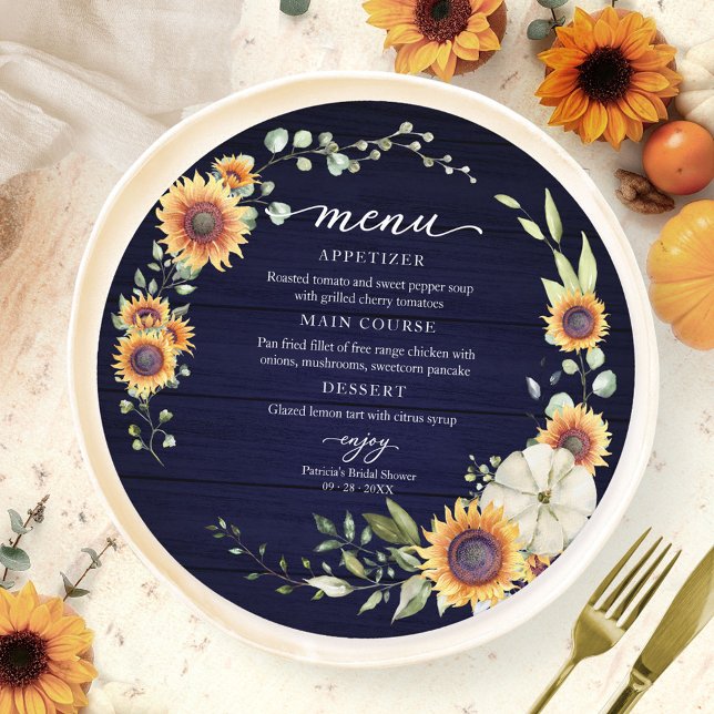 Greenery Sunflowers Fall Bridal Shower Round Menu  Invitation (Creator Uploaded)
