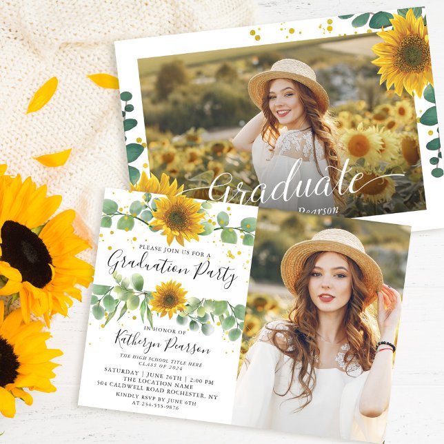 Greenery Sunflowers Graduation Party 2 Photo  Invitation (Creator Uploaded)