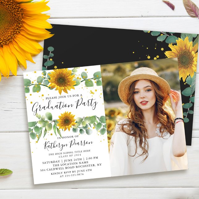 Greenery Sunflowers Graduation Party Photo Invitation (Creator Uploaded)
