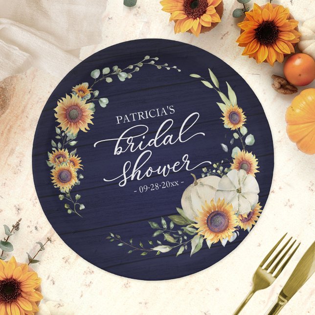 Greenery Sunflowers Pumpkin Fall Bridal Blue Wood Paper Plate (Creator Uploaded)