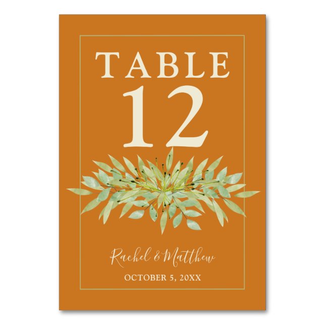 Greenery Swag on Ochre Wedding Table Number (Front)