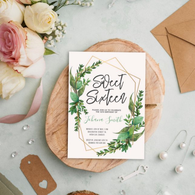 Greenery Sweet Sixteen 16th Birthday Invitation (Creator Uploaded)