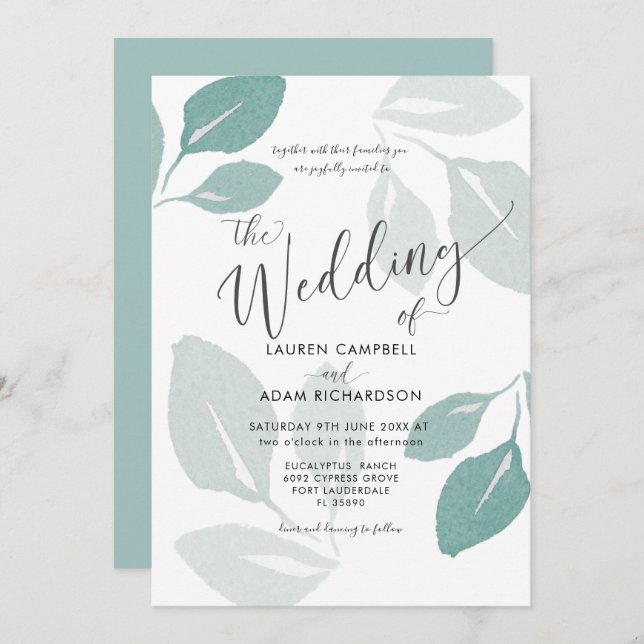 Greenery Teal Watercolor Foliage Wedding Invitation (Front/Back)