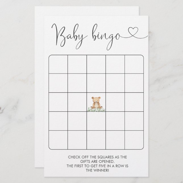 Greenery Teddy Bear Baby Shower Bingo Game (Front/Back)
