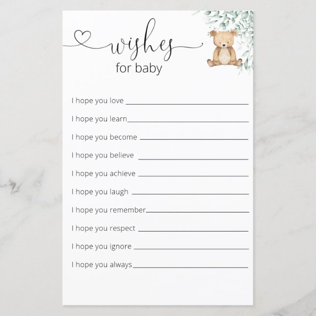 Greenery Teddy  Bear Baby Shower Wishes For Baby (Front)