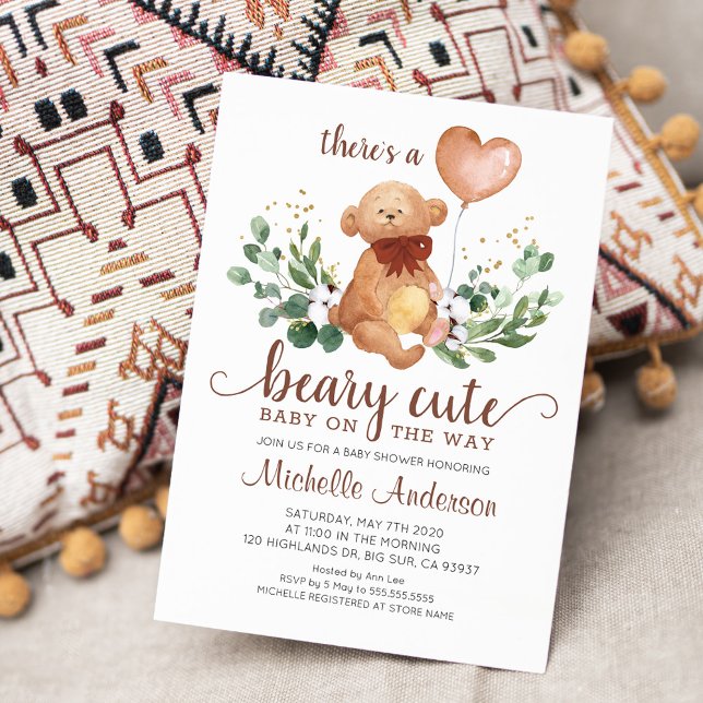 Greenery Teddy Bear Beary Cute Baby Shower Invitation (Creator Uploaded)