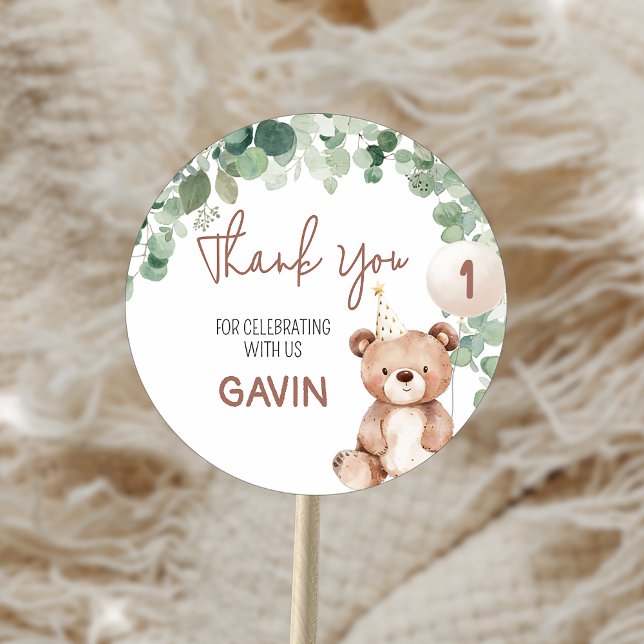 Greenery Teddy Bear Birthday Party Classic Round Sticker (Greenery Teddy Bear Birthday Party Sticker)