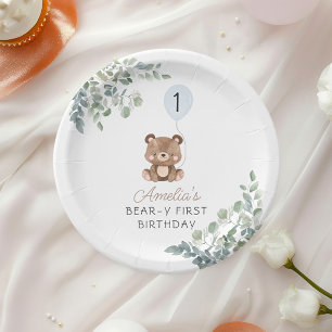 Greenery Teddy Bear First Birthday Gender Neutral Paper Plate