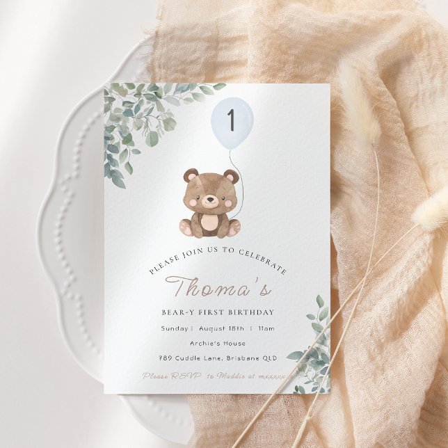 Greenery Teddy Bear First Birthday Neutral Invitation (Creator Uploaded)