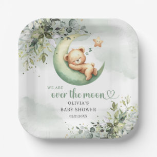 Greenery teddy bear over the moon gender neutral paper plate