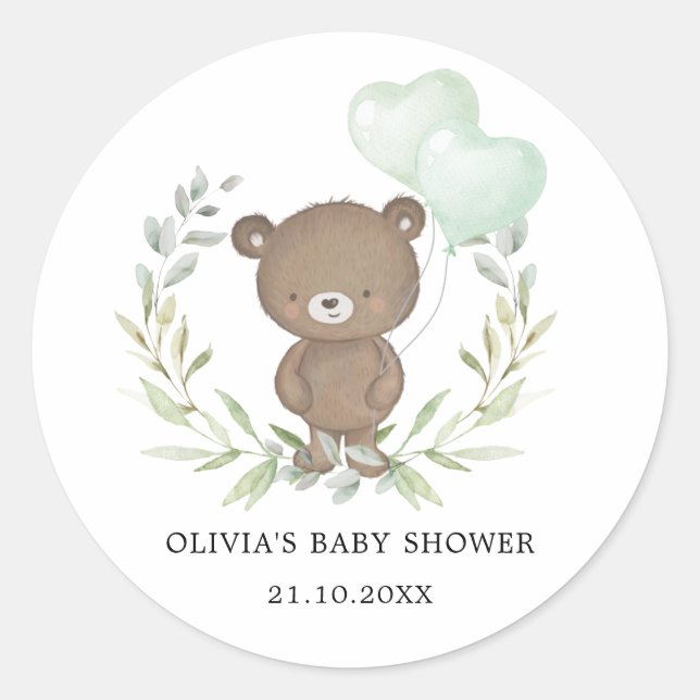 Greenery Teddy Bear Simple Elegant Baby Shower Classic Round Sticker (Front)
