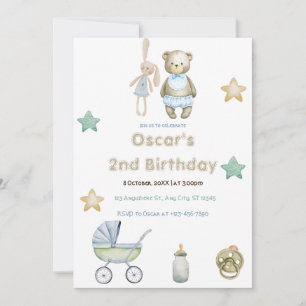 Greenery Teddy Bear with Stars Boy 2nd Birthday Invitation