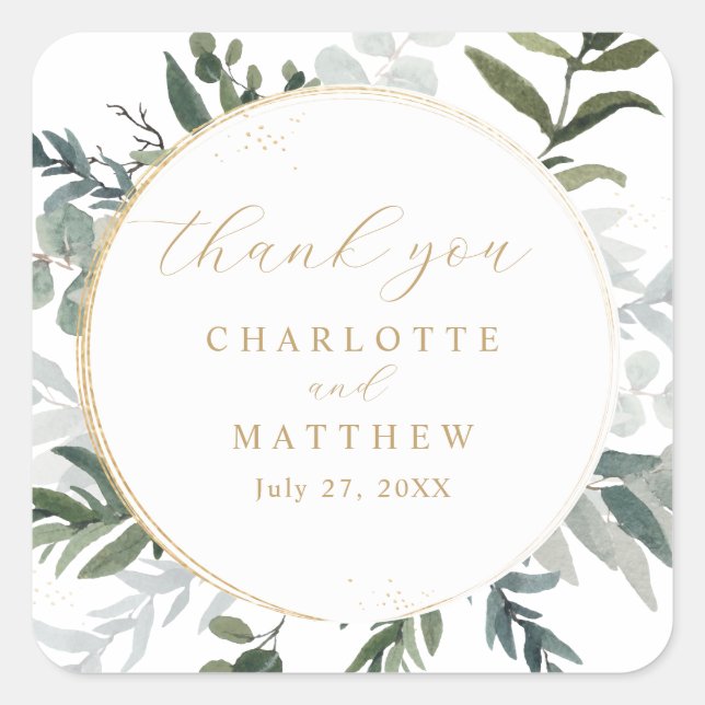 Greenery Thank You Gold Wedding  Square Sticker (Front)