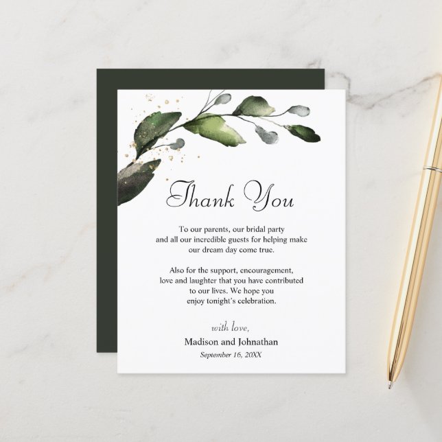 Greenery Thank You Wedding Reception Card (Front/Back In Situ)