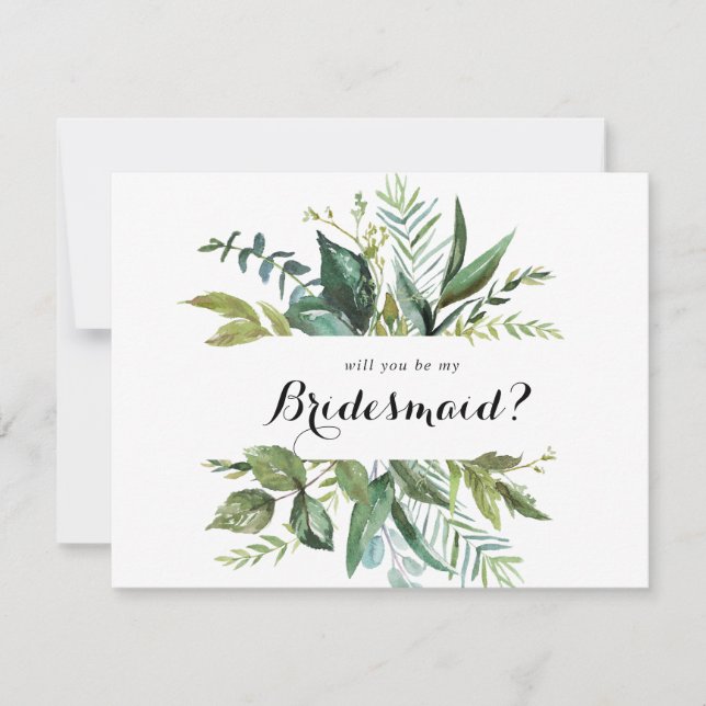 Greenery Tropical Calligraphy Bridesmaid Proposal Card (Front)