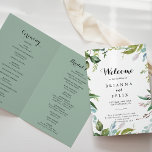 Greenery Tropical Calligraphy Folded Wedding Programme<br><div class="desc">This greenery tropical calligraphy folded wedding program is perfect for a modern wedding. The design features predominantly green tropical leaves with a touch of pink blush flowers neatly arranged into elegant wreaths and geometric shapes.

Include a quote or short message,  order of service,  wedding party and thank you message.</div>