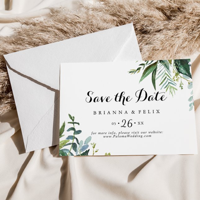 Greenery Tropical Calligraphy Horizontal Wedding Save The Date (Creator Uploaded)