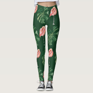 Greenery Tropical Flamingo & Monstera Leaf Women Leggings