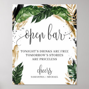Greenery tropical leaves flowers open bar sign