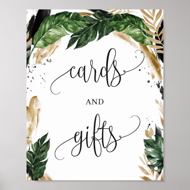 Greenery tropical leaves gold cards and gifts sign (Front)