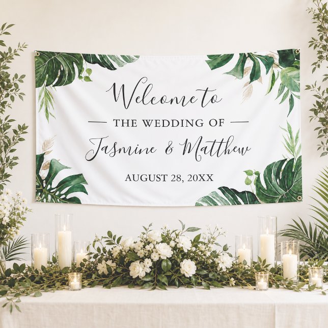 Greenery Tropical Leaves Wedding Party Banner (Creator Uploaded)
