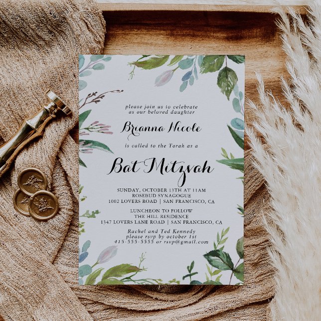 Greenery Tropical Modern Calligraphy Bat Mitzvah Invitation (Creator Uploaded)