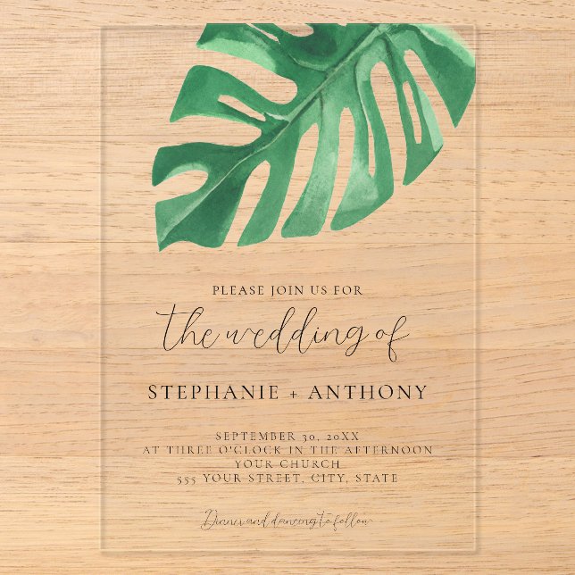 Greenery Tropical Monstera Leaves Summer Wedding   Acrylic Invitations (Front)
