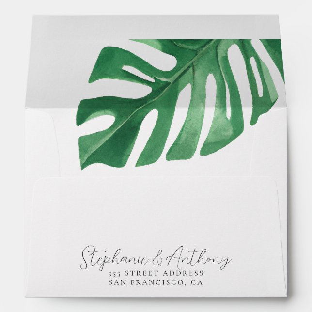 Greenery Tropical Monstera Leaves Summer Wedding Envelope (Back (Bottom))