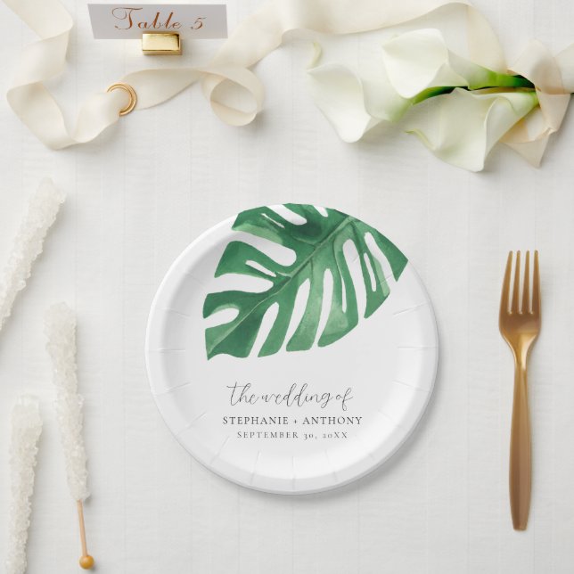 Greenery Tropical Monstera Leaves Summer Wedding   Paper Plate (Wedding)