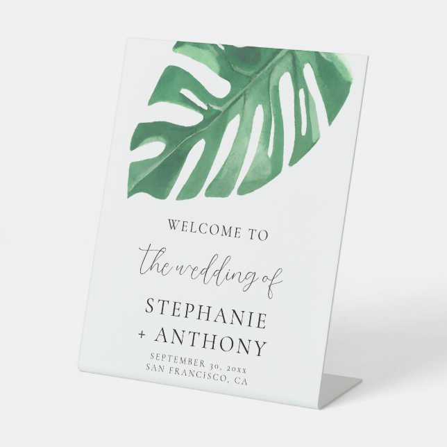Greenery Tropical Monstera Leaves Summer Wedding   Pedestal Sign (Front)