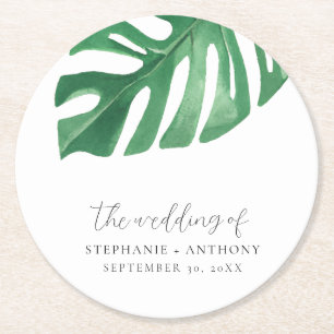 Greenery Tropical Monstera Leaves Summer Wedding   Round Paper Coaster