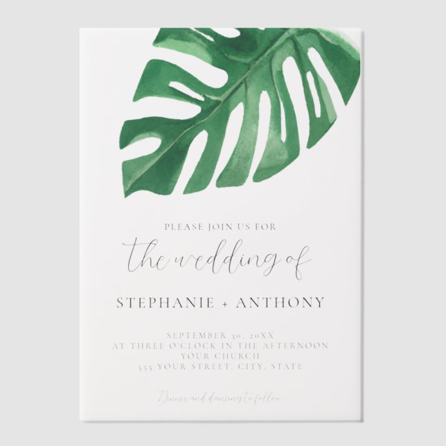 Greenery Tropical Monstera Leaves Summer Wedding   Vellum Invitations (Front)