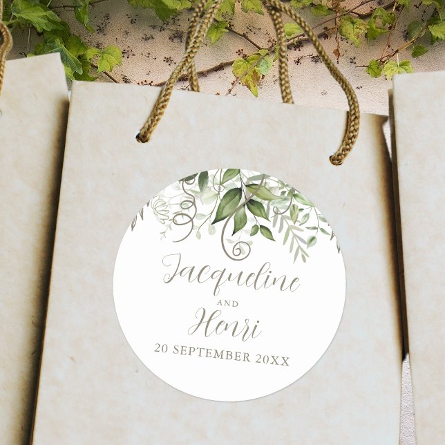 Greenery Tropical Wedding Classic Round Sticker (Creator Uploaded)