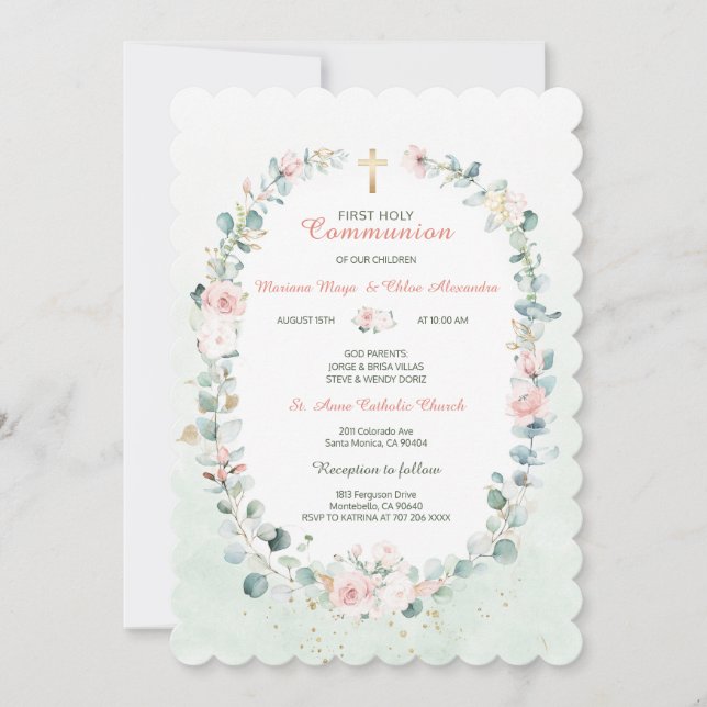 Greenery Twin Communion Girls Invitations (Front)