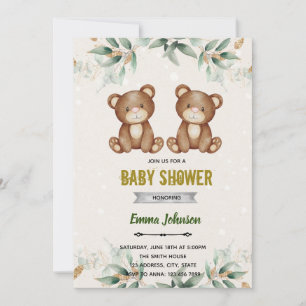 Greenery twins bear shower theme invitation