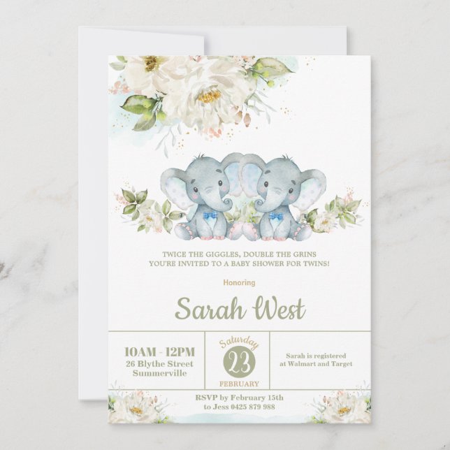 Greenery Twins Elephant Twin Boys Baby Shower  Invitation (Front)