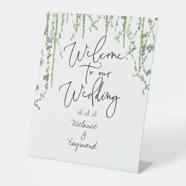 Greenery Vines Wedding Welcome To Our Wedding  Pedestal Sign (Front)