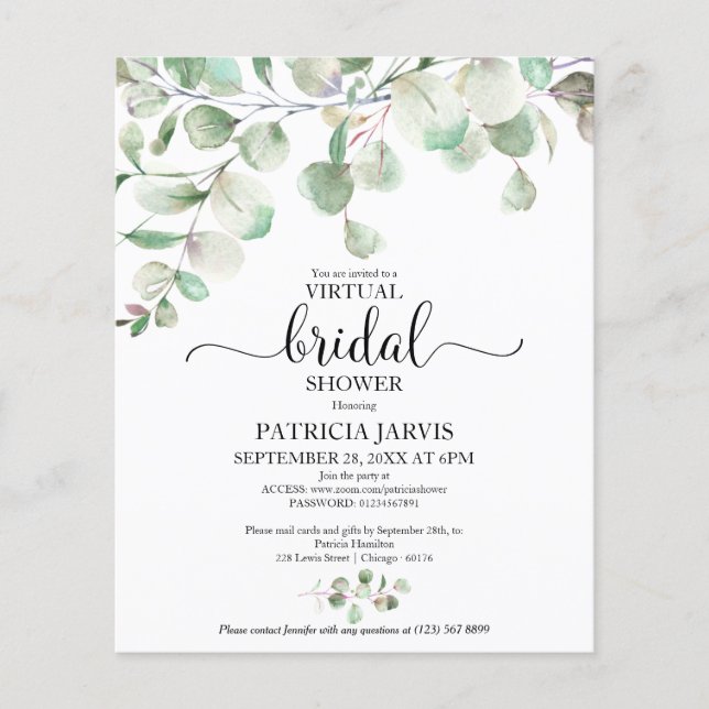Greenery Virtual Bridal Shower Budget Invitation (Front)
